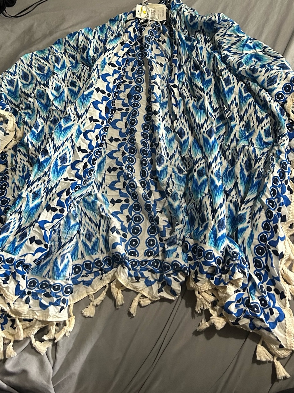 Blue White Patterned Tassel Kimono